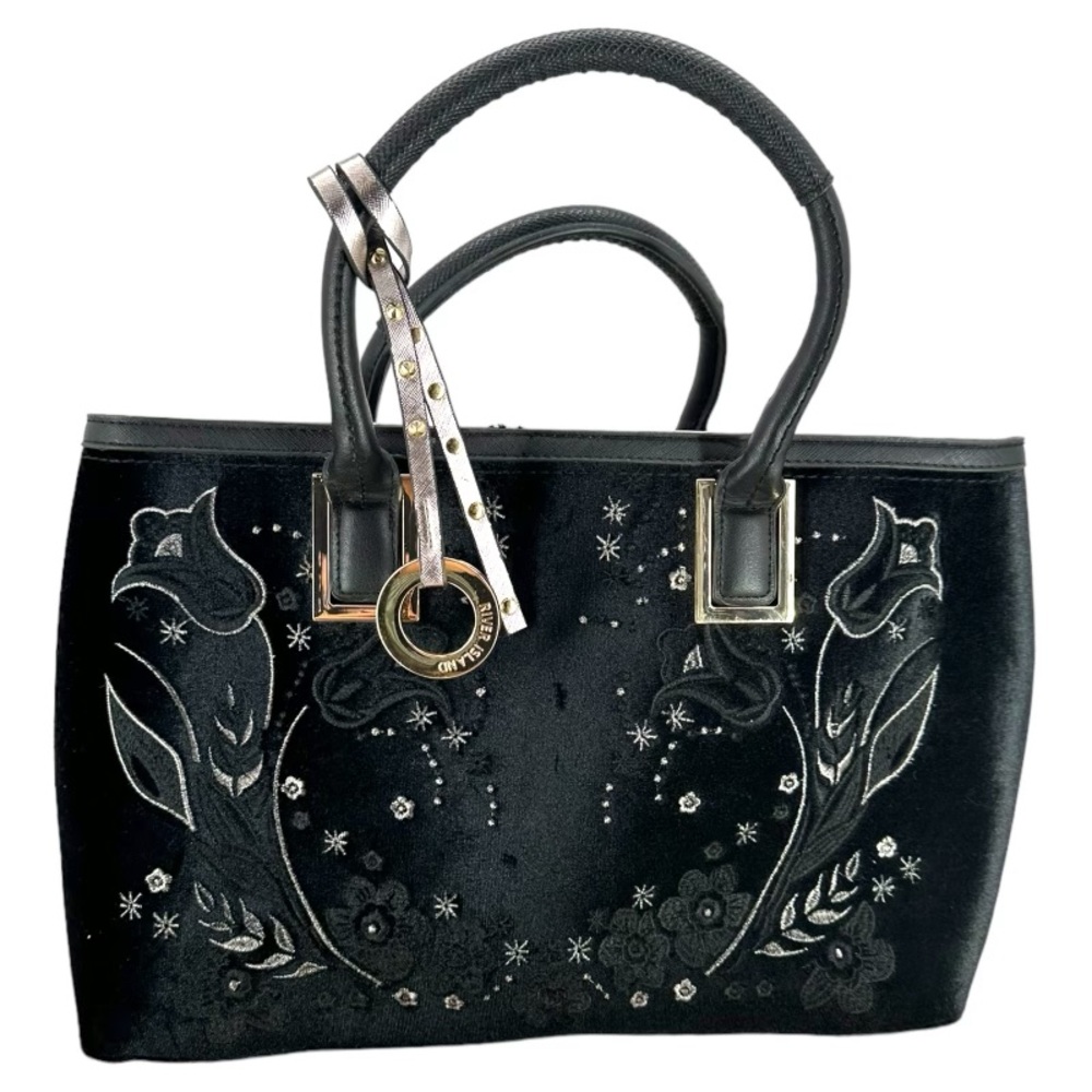 River Island | Black Velvet‎ Embroidered Structured Tote Bag